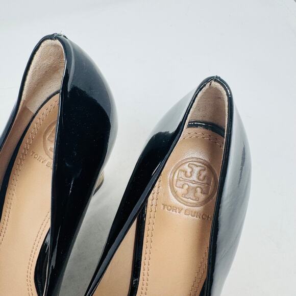 Tory Burch Black Patent Leather Wedge Heels Size 7 Logo Detail - Picture 3 of 14